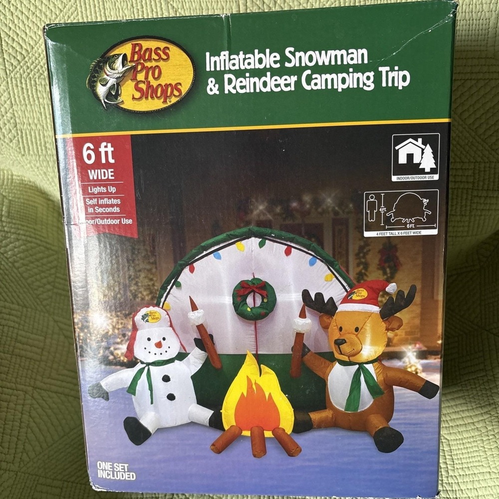 Bass Pro Shops |Christmas Inflatable 6 ft Snowman and Reindeer Camping Trip NEW